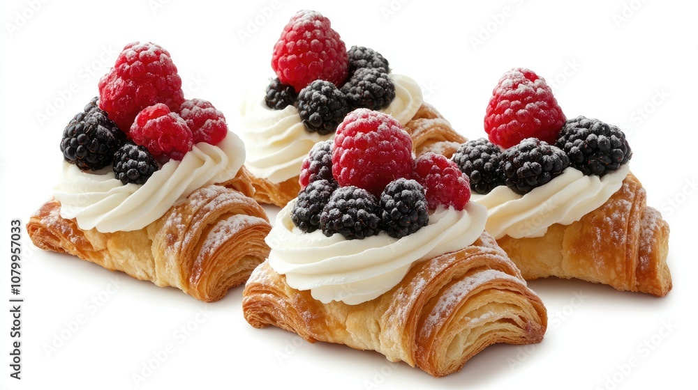 Freshly Baked Croissants Topped with Whipped Cream and Mixed Berries, Perfect for Dessert or Breakfast, Capturing Deliciousness and Elegance in Pastry Presentation Freshly Baked Croissants Topped with Whipped Cream and Mixed Berries, Perfect for Dessert or Breakfast, Capturing Deliciousness and Elegance in Pastry Presentation