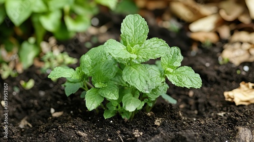 Close-up of a lush green mint plant growing in dark soil