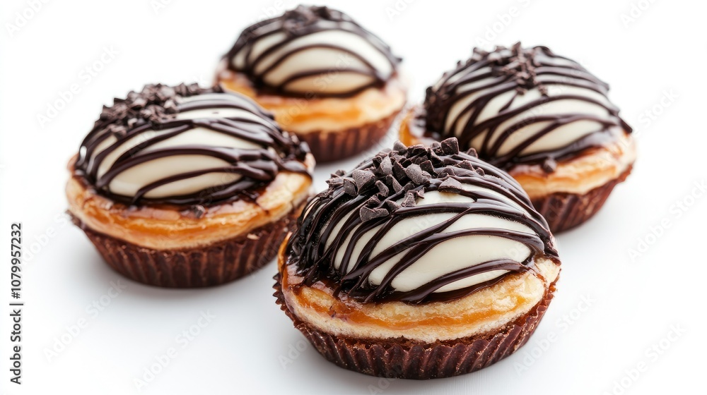 Delicious Chocolate Drizzled Cream Puff Pastries with Flaky Crust and Smooth White Filling Set Against a Pure White Background Delicious Chocolate Drizzled Cream Puff Pastries with Flaky Crust and Smooth White Filling Set Against a Pure White Background