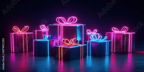 Glowing neon presents isolated in the dark background