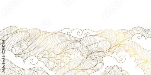 Vector wave line illustration, sea water pattern, curve graphic design element. Gold flow oriental ornament, japanese flow wallpaper