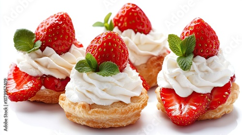 Delicious Fresh Strawberry Tartlets with Creamy Whipped Topping and Mint Garnish on a Bright White Background