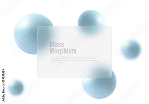 Website landing page in glass morphism style. Light-colored presentation screen with the effect of overlaying glass on floating gradient spheres.