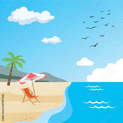 vector illustration of a holiday at the beach. Beach holiday concept with sun loungers, beach umbrellas and coconut trees. Vector, cartoon illustration.Vector design.