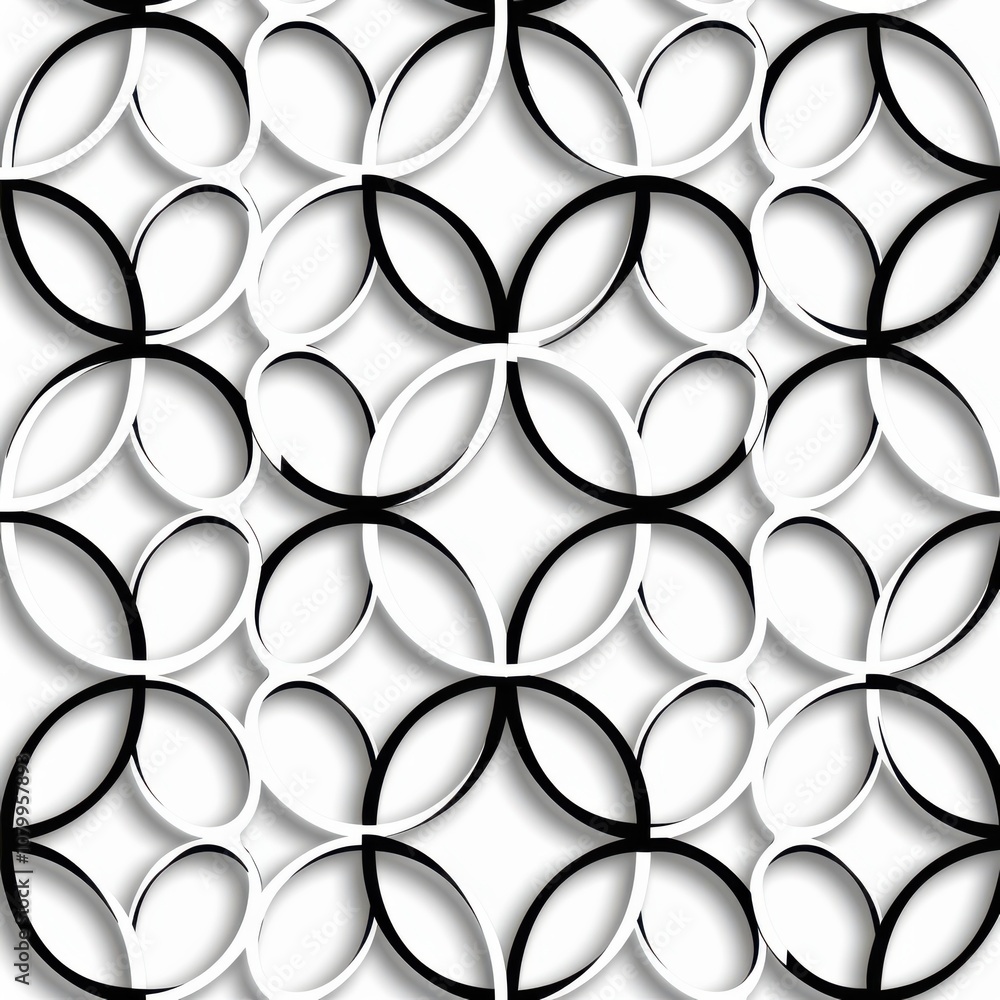Intricate Geometric Pattern of Interlocking Circles in Black and White Creating a Stylish and Modern Background Design for Various Creative Applications