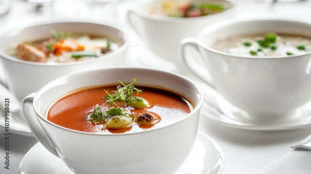 Delicious Selection of Freshly Prepared Soups in Elegant White Bowls Showcasing Rich Colors and Garnishes on a Stylish Dining Table Delicious Selection of Freshly Prepared Soups in Elegant White Bowls Showcasing Rich Colors and Garnishes on a Stylish Dining Table