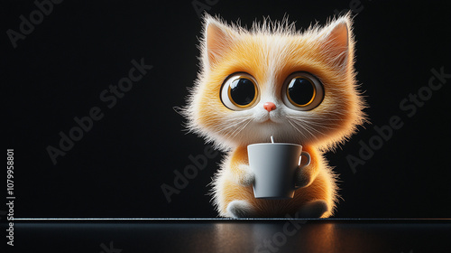 A cartoon fluffy cat with big eyes is drinking coffee while sitting on a table in front of a black background.