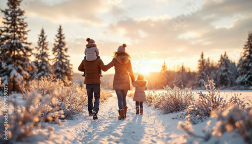 Happy family at winter sunset father, mother and children are having fun and playing on snowy winter walk in nature, the child sits on the shoulders of his father rear view photo