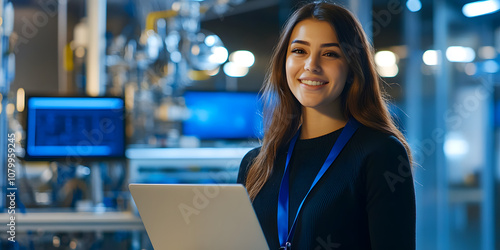 A focused, confident and generous female technician/worker, smiling and looking towards the camera. Business, poster, scientist, technician, expert, programmer, woman, lab, background, wallpaper