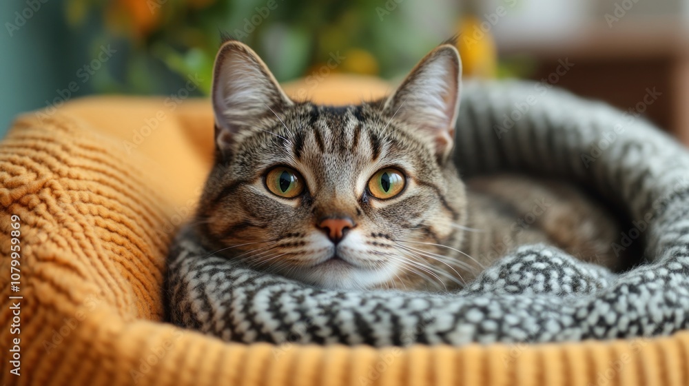 A cozy cat resting in a knitted blanket on a soft bed. A cozy cat resting in a knitted blanket on a soft bed.
