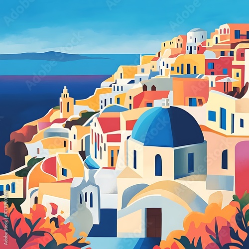 Colorful, stylized cityscape of buildings in warm, sunny colors, possibly a Mediterranean town.