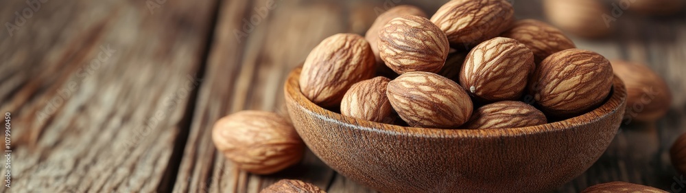 A bowl filled with fresh, organic nuts, resting on a rustic wooden table, perfect for healthy snacking. A bowl filled with fresh, organic nuts, resting on a rustic wooden table, perfect for healthy snacking.