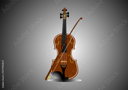 digital illustration of a violin with a bow leaning against it. The violin is brown with decorative details, and the background is gradient grey, creating a spotlight effect around the instrument
