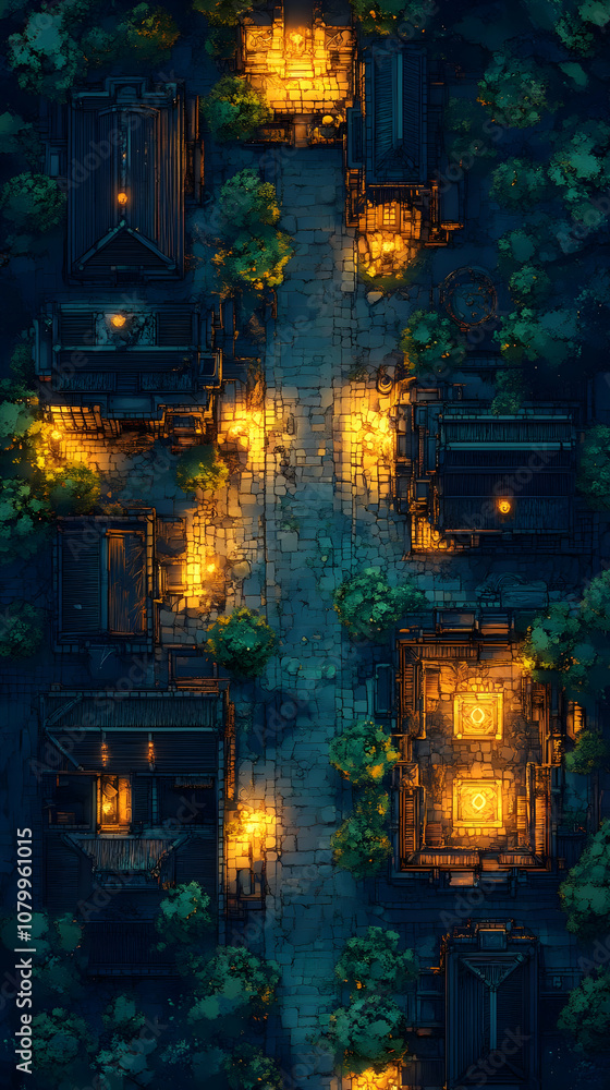 Illustration - Nighttime Village Street with Lanterns and Trees Illustration - Nighttime Village Street with Lanterns and Trees