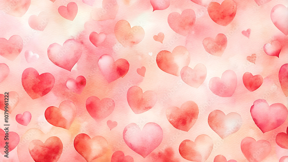Watercolor heart pattern background, soft pink and red, dreamy and romantic atmosphere, with copy space Watercolor heart pattern background, soft pink and red, dreamy and romantic atmosphere, with copy space
