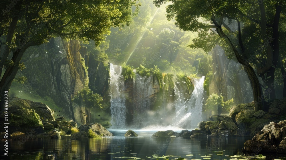 Tranquil Waterfall in a Lush Forest Tranquil Waterfall in a Lush Forest