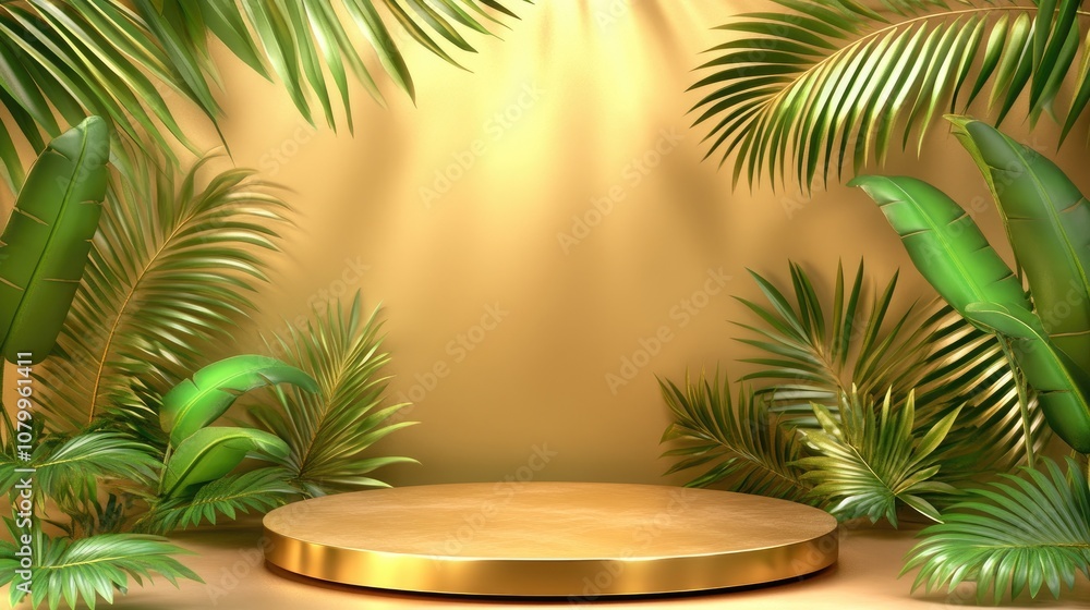 Golden Platform Surrounded by Lush Palm Leaves with Sunlight Golden Platform Surrounded by Lush Palm Leaves with Sunlight