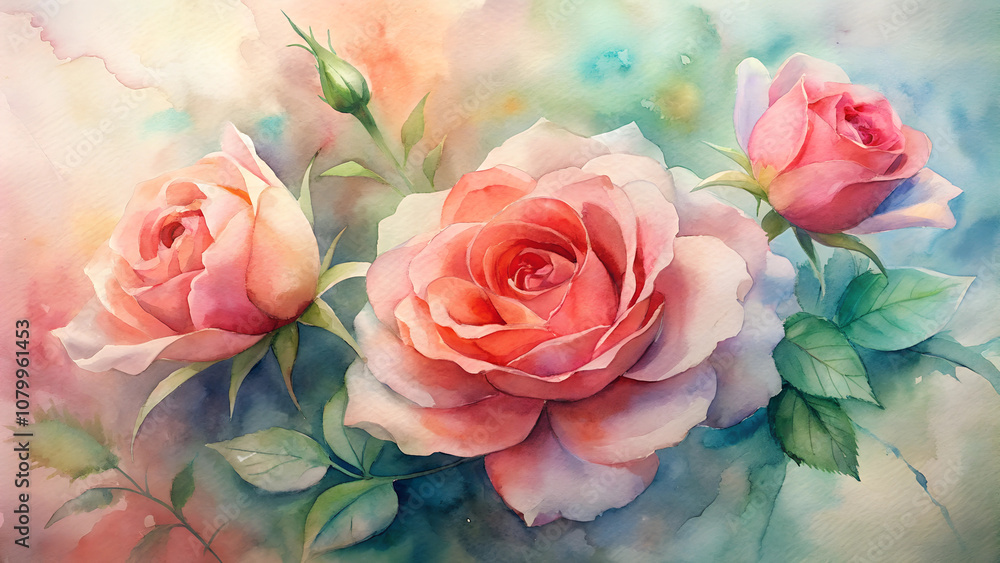 Fototapeta premium Watercolor roses background, delicate red and pink roses, soft green leaves, symbolizing love and passion