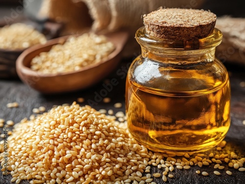 A close-up of sesame oil in a glass jar, surrounded by sesame seeds, highlighting natural ingredients and culinary freshness. photo