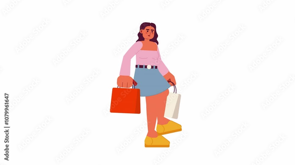 Happy arab woman walking with shopping bags 2D character animation. Doing purchases on sale cartoon 4K video, alpha channel. Middle eastern female with packages animated person on white background Happy arab woman walking with shopping bags 2D character animation. Doing purchases on sale cartoon 4K video, alpha channel. Middle eastern female with packages animated person on white background