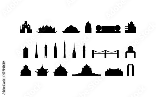 Asian landmark vector icon collection. Isolated black and white temple, tower, shrine, arc, bridge contours and logo pack for web design, infographics