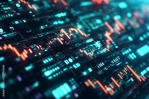 Abstract digital interface with glowing lines and data visualizations