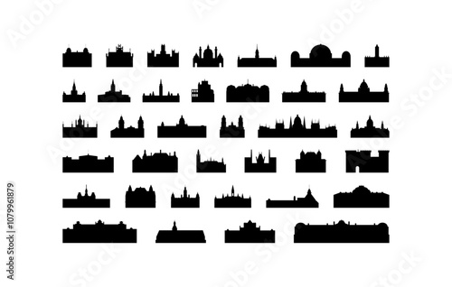 Palace vector icon collection. Isolated black and white royal landmark building contours and logo pack for web design, infographics