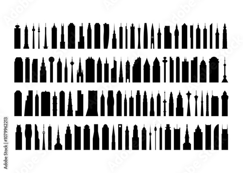 Tower vector icon collection. Isolated black and white skyscraper contours and logo pack for web design, infographics