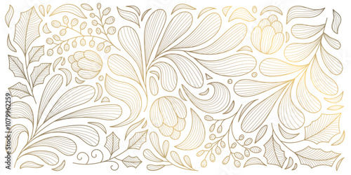 Vector Christmas line gold ornament, line branches winter vintage background, fancy nature elegant pattern with leaves. Holiday decor.