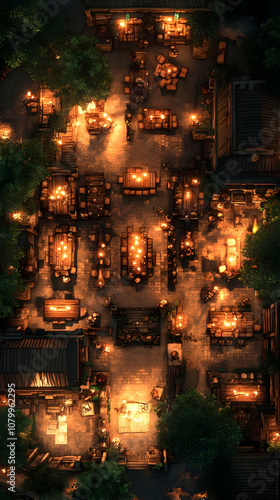 Illustration - Night Market, Top View, Warm Lights, Cozy