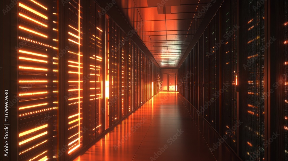 Fototapeta premium A massive data center filled with racks of servers stretching into the distance, the soft hum of cooling fans and the glow of status lights illuminating the room