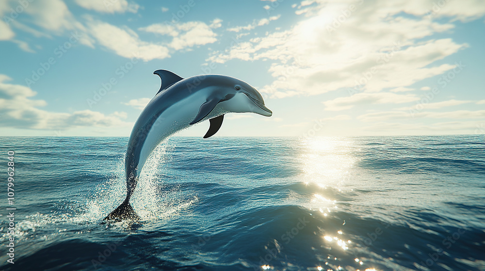 A realistic dolphin jumping out of the water, with a clear blue sky and the sun shining on it A realistic dolphin jumping out of the water, with a clear blue sky and the sun shining on it
