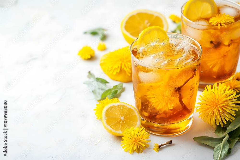 Summer drink with lemon and dandelions flowers and roots on white background. Top view, copy space Summer drink with lemon and dandelions flowers and roots on white background. Top view, copy space