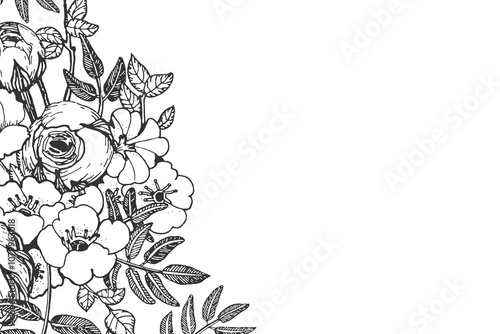 Bouquet of black and white flowers isolated on white background. Invitation template with composition with pistachio leaves and ranunculus. Vector wedding illustration hand drawn with ink