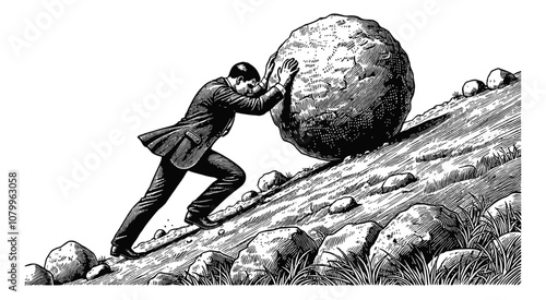 man in a suit pushing a large boulder up a hill engraving black and white outline