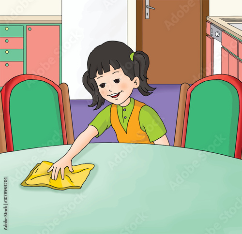 Little girl wiping the kitchen table.