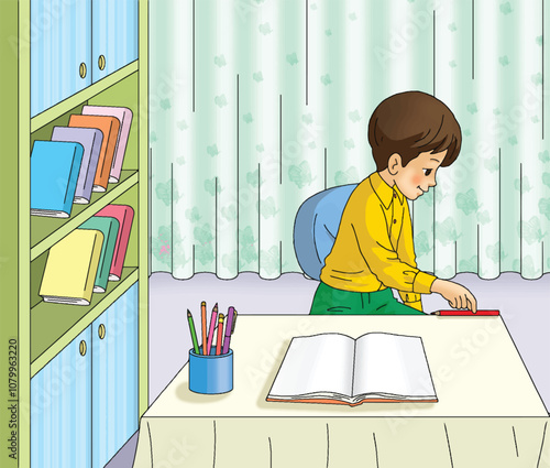 Little boy measuring the length of his desk with a pencil.