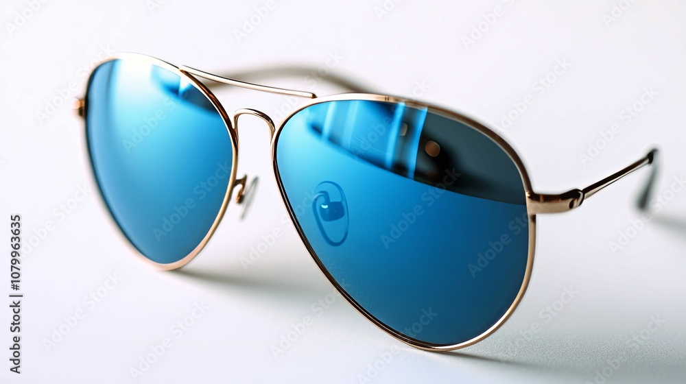 Gold-rimmed Sunglasses with Blue Lenses on a White Background Gold-rimmed Sunglasses with Blue Lenses on a White Background