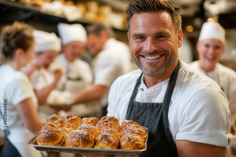 Chefs working together in a bustling bakery. Chefs working together in a bustling bakery.
