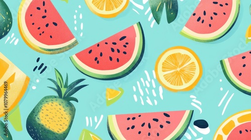 Wallpaper Mural A vibrant pattern featuring colorful illustrations of watermelon, pineapple, and lemon slices on a turquoise background. Torontodigital.ca