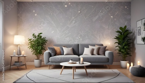Scandinavian living room interior design zoom background,Doodle patterned wallpaper graphics