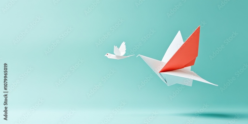 © Art Stocker - Two origami cranes, one in red and one in white, gracefully soar against a soft turquoise background, symbolizing peace and creativity. © Art Stocker - Two origami cranes, one in red and one in white, gracefully soar against a soft turquoise background, symbolizing peace and creativity.