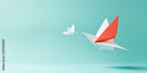 Two origami cranes, one in red and one in white, gracefully soar against a soft turquoise background, symbolizing peace and creativity.