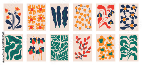 Botanical doodle background art vector set. Flower and leaves abstract shape doodle art design for print, wallpaper, clipart, wall art for home decoration.