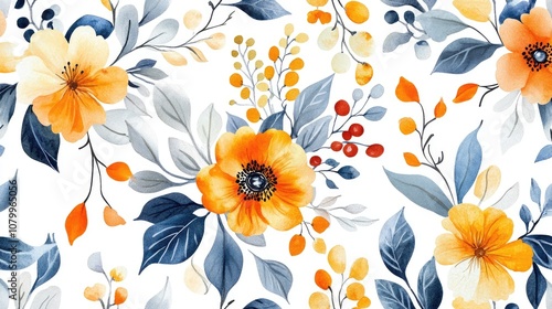 A vibrant floral pattern featuring yellow and orange flowers with lush green leaves, creating a cheerful and fresh atmosphere.