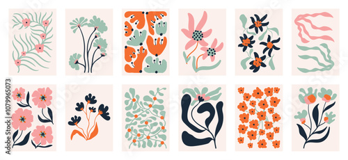 Botanical doodle background art vector set. Flower and leaves abstract shape doodle art design for print, wallpaper, clipart, wall art for home decoration.