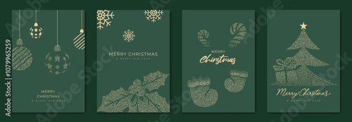 Merry Christmas and Happy New Year greeting card vector set. Luxury invitation with Christmas tree, bauble, holly, gift, spot texture on green background. Design illustration for season's card, ads.