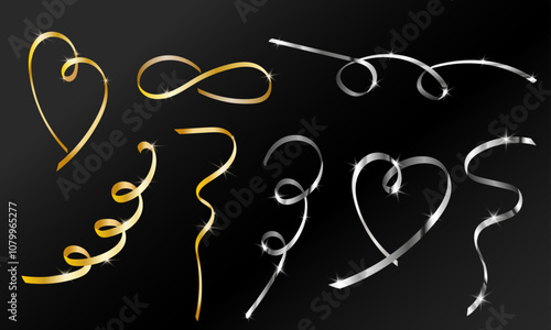 Elegant set of gold and silver ribbon decorations on a black background. Curved and twisted ribbons form heart shapes and flowing designs, perfect for festive and celebratory themes.