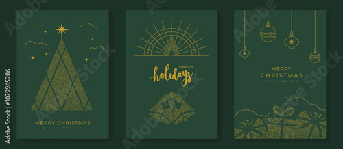 Merry Christmas and Happy New Year greeting card vector set. Luxury invitation with Christmas tree, bauble, holly, gift, spot texture on green background. Design illustration for season's card, ads.