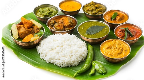 A banana leaf plate with various Indian dishes, including curries, and rice.